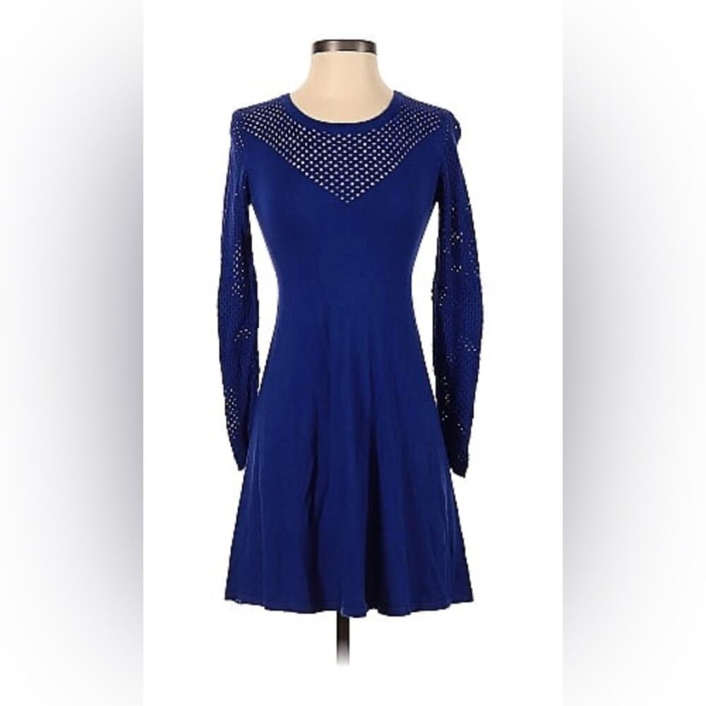 Derhy blue long sleeved mesh detail fit and‎ flare dress, size small